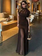 Solid Color Elegant Sexy Party Mesh Ruffle Splice Pleated Hem Dress, Suitable For Beach, Evening Date, Wedding, Birthday Party, Spring/Summer