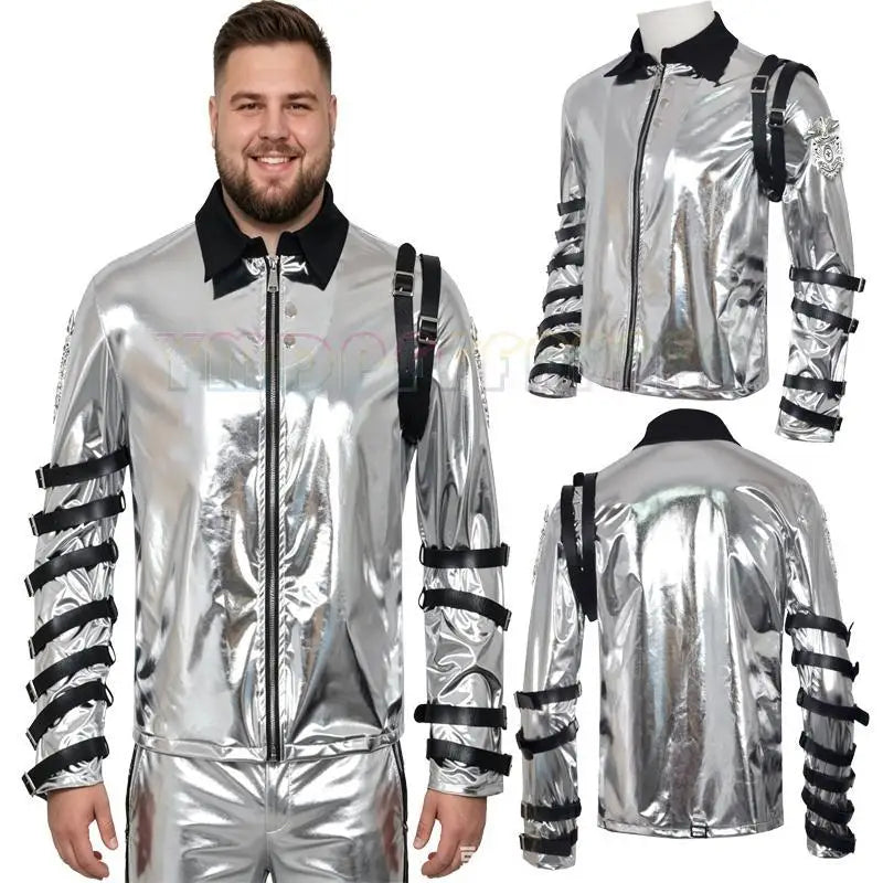A person named Michael imitates costumes cosplay costumes performance costum silver leather jackets Halloween stage costum