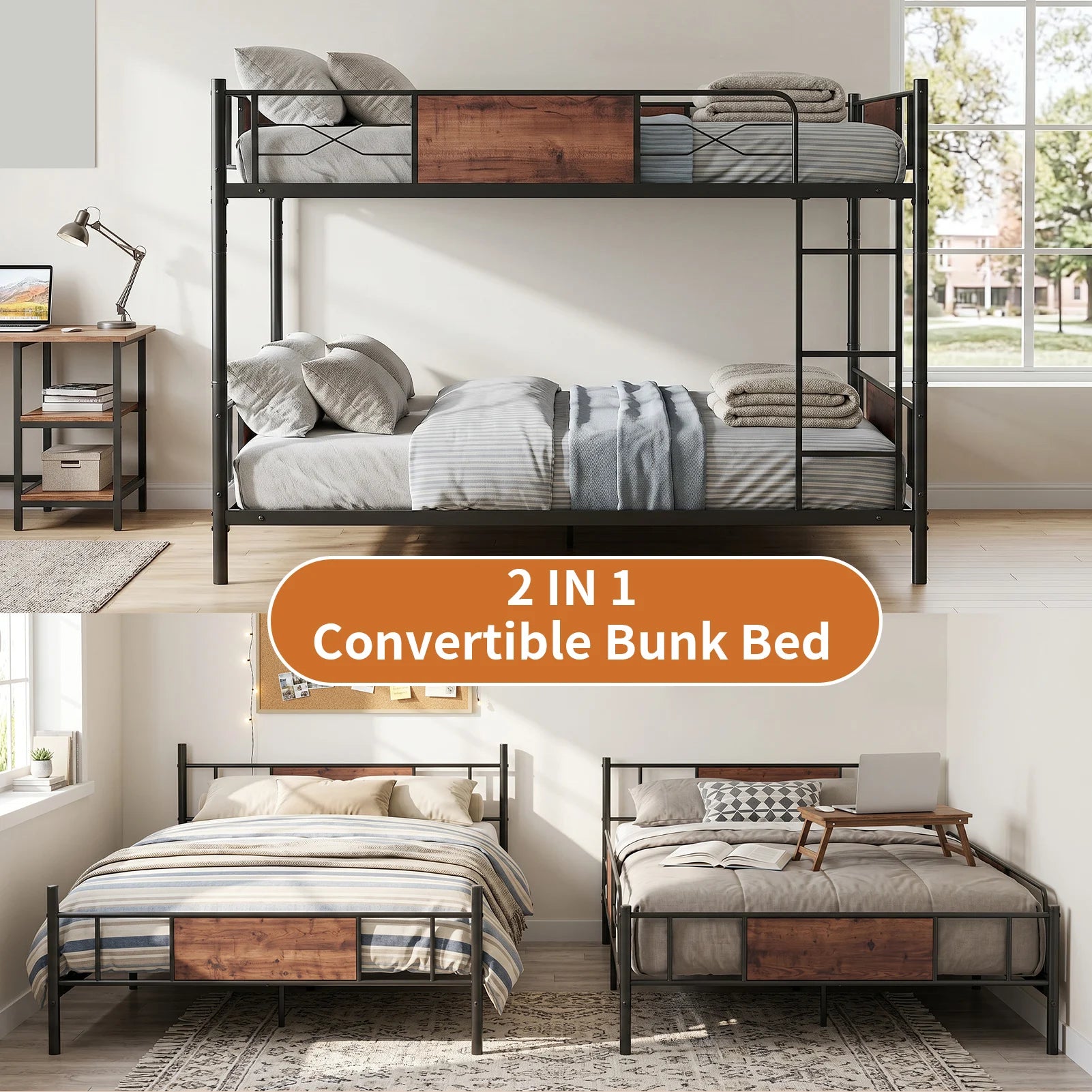 Full Over Full Bunk Bed Detachable Metal Bunk Bed Frame with Higher Guardrail Ladder Under Bed Storage for Dormitory Kids' Room