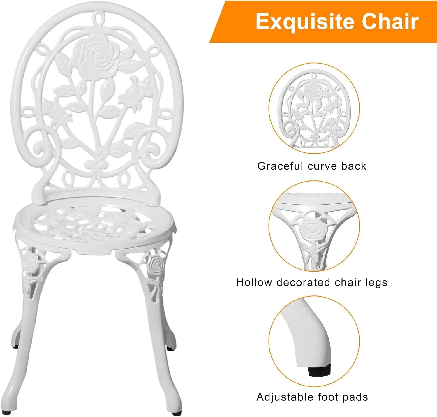 Outdoor Patio Bistro Set 3 Piece Cast Aluminum Rose Pattern Table And Chairs Durable All Weather Rust Resistant Garden Balcony Deck Furniture Rose White