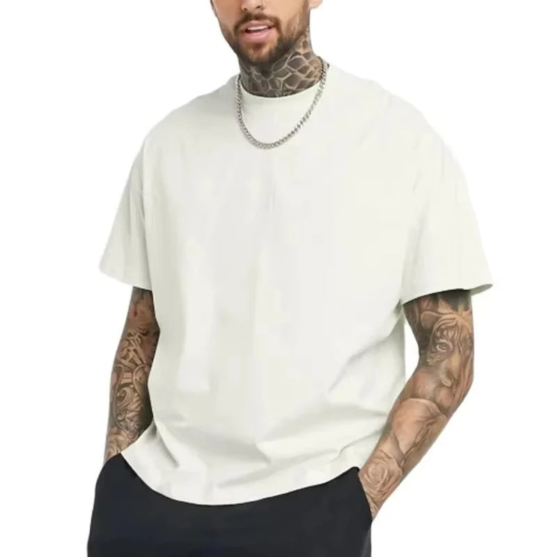 Summer Men Classic Basic Round Neck Short Sleeve White Solid T Shirt Pure Cotton Plus Size High Quality Daily Casual Top