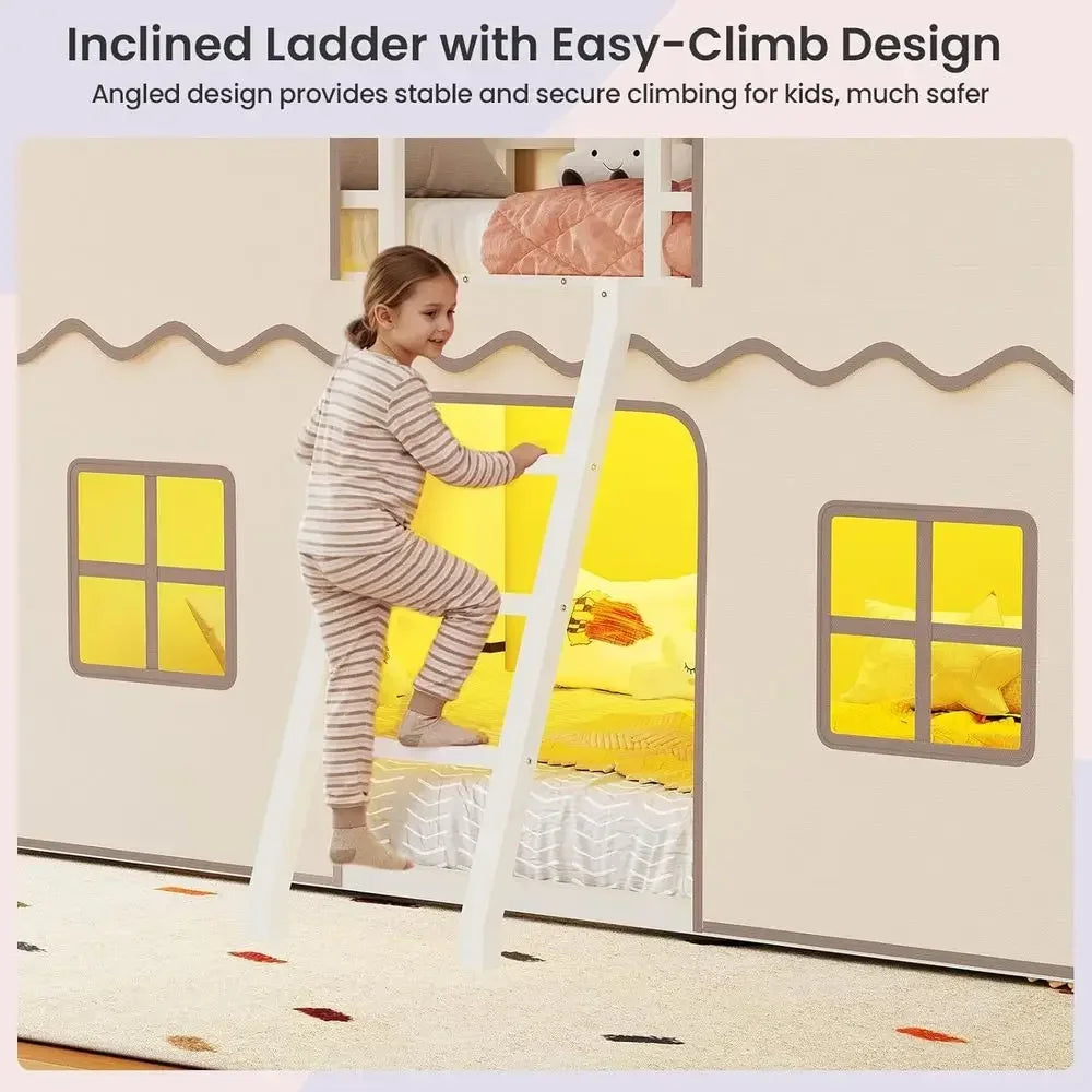 Twin Over Twin Bunk Bed with Play Curtain, LED Lights, Metal Frame, Inclined Ladder, Guardrail, Space-Saving Design
