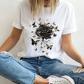 Women's Plus-Size Black T-Shirt with Rose Gold Glitter Butterfly Design — 100% cotton, oversized fit, crew neck, short sleeves; perfect for fans of gothic floral aesthetics and ideal for casual street style.
