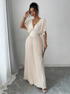 Deep V Neck Pleated Elegant Floor Length Dress For Women Summer