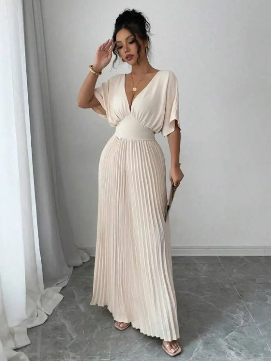 Deep V Neck Pleated Elegant Floor Length Dress For Women Summer
