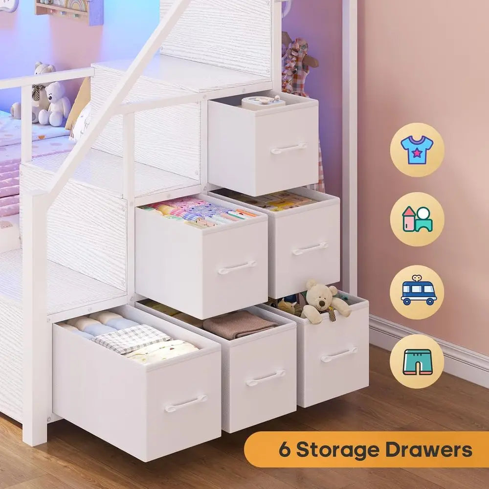 BTHST Bunk Bed Twin Over Twin with Stairs, LED Lights Twin Bunk Bed with 2 Storage Ders & 6 abric Ders, Metal Twin Lot Beds with