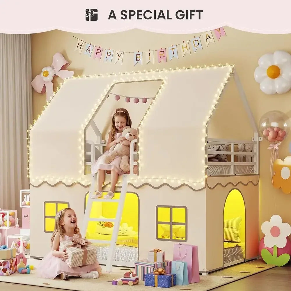 Twin Over Twin Bunk Bed with Play Curtain, LED Lights, Metal Frame, Inclined Ladder, Guardrail, Space-Saving Design