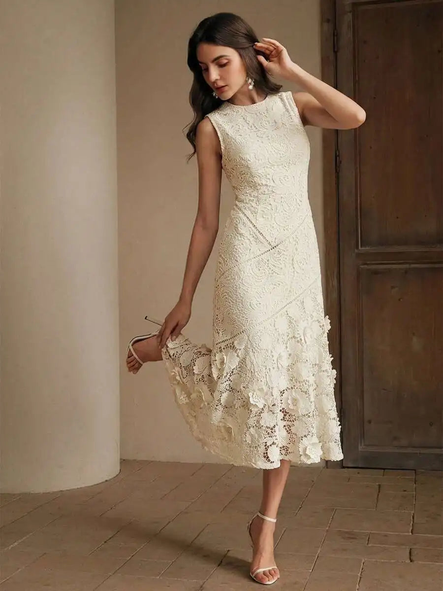 Womens Elegant Round Neck Lace Hollow-Out Patchwork Midi Dress Spring Summer