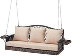 Upgraded Wicker Hanging Porch Swing Heavy Duty 900lbs 3-Seat Outdoor Patio Swing Chair Bench for Adult w/ 8.9ft Hanging