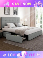 Full/Queen/King Platform Bed Frame With 4 Storage Drawers, Adjustable Headboard, Faux Leather Button Tufted Square Stitched Design, Wooden Slats, Noise-Free, No Box Spring Needed, Easy Assembly, Light Grey
