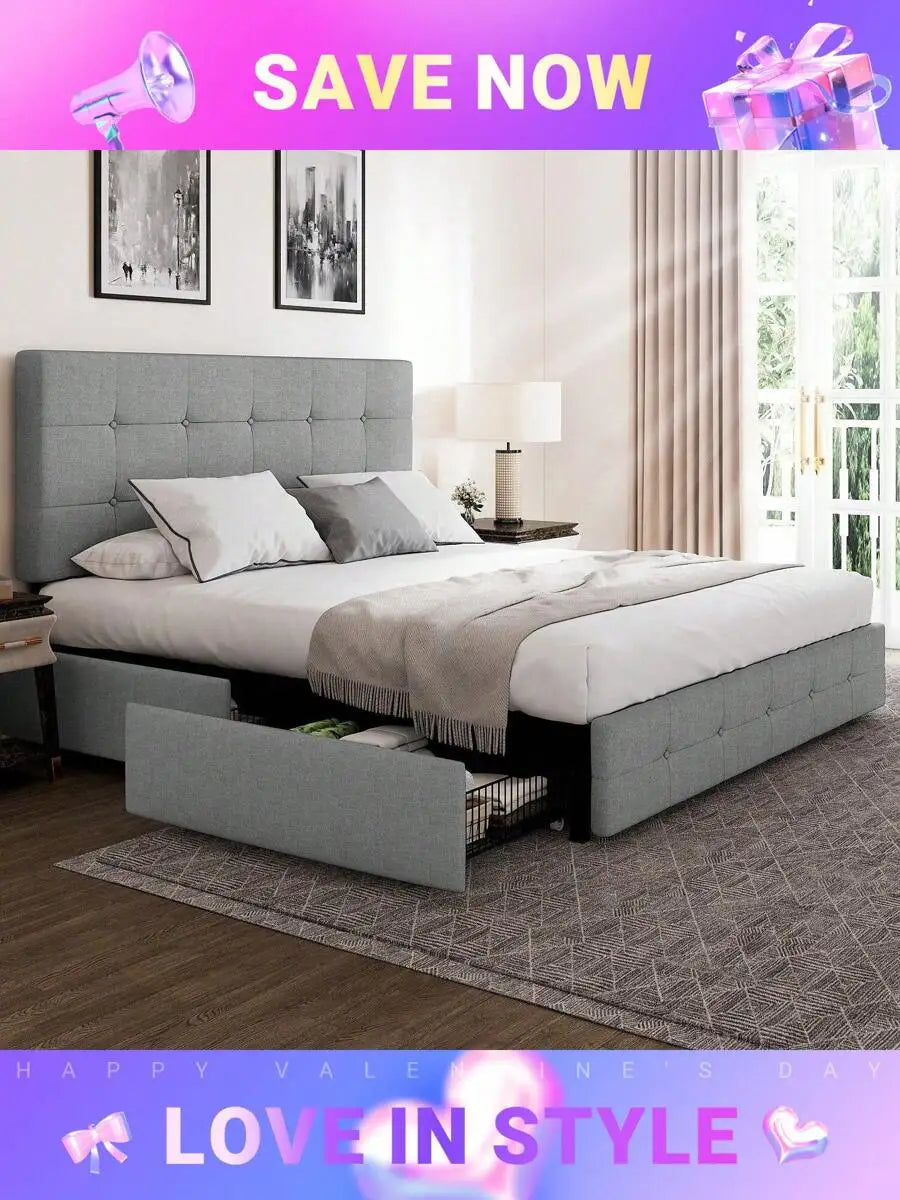Full/Queen/King Platform Bed Frame With 4 Storage Drawers, Adjustable Headboard, Faux Leather Button Tufted Square Stitched Design, Wooden Slats, Noise-Free, No Box Spring Needed, Easy Assembly, Light Grey