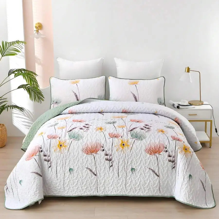 3 Pieces  Yellow Flower Quilt Set Twin Full Queen King Size, Paisley Patchwork Plaid Bedspread Bedding Sets  Coverlet Set.