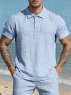 Men White Textured Linen Short Sleeve Polo Shirt Classic Lapel Collar 3 Wooden Buttons Loose Oversized Breathable Summer Beach Vacation Casual Holiday Top