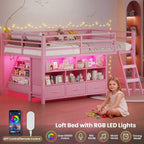 Twin Size Low Loft Bed with 3 Drawers, 3-Tier Bookshelf, 5 Storage Cubbies, 2 LED Lights, Metal Frame with Safety Rail, Inclined