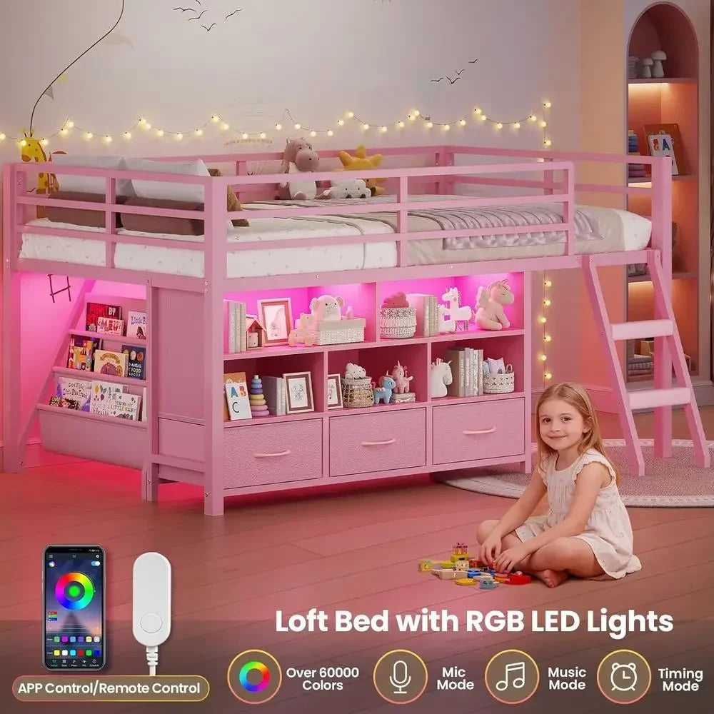 Twin Size Low Loft Bed with 3 Drawers, 3-Tier Bookshelf, 5 Storage Cubbies, 2 LED Lights, Metal Frame with Safety Rail, Inclined