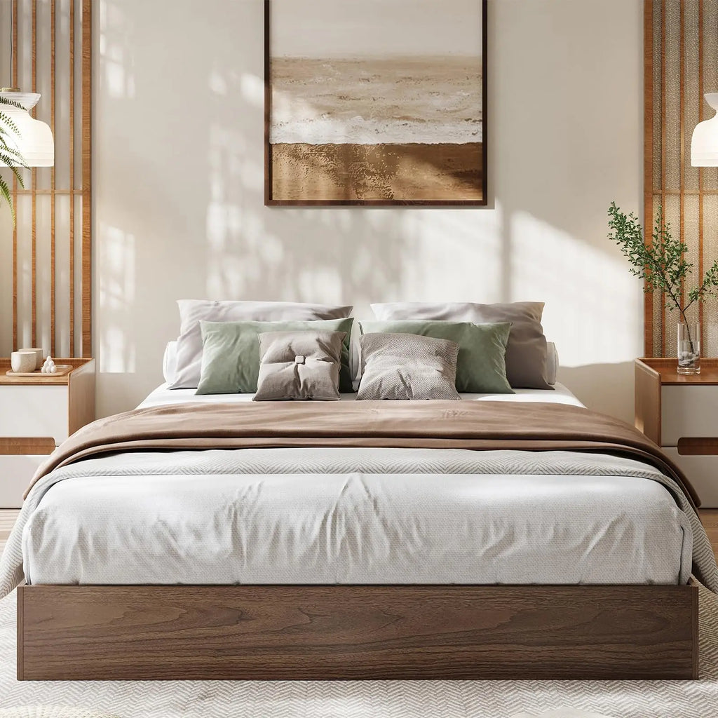Queen Bed Frame, Wood Platform Bed with Sturdy Wooden Slats, Modern Minimalist Design, No Box Spring Needed, Easy Assembly, Walnut