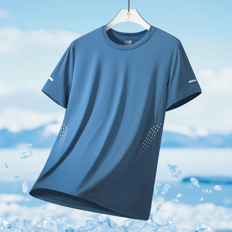 Running T-shirt Men Summer Ice Silk Thin Top Reflective Printing Quick Dry Short Sleeve Breathable Fitness Sports T-shirt 5XL