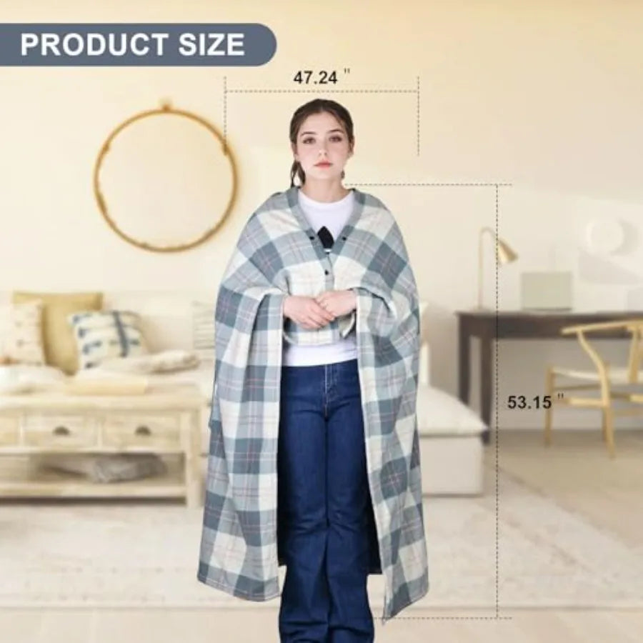 Wearable Blanket Compact Pillow 2-in-1, Lap Blanket Poncho with Button Plaid Throw Cushion for Home Office Sofa