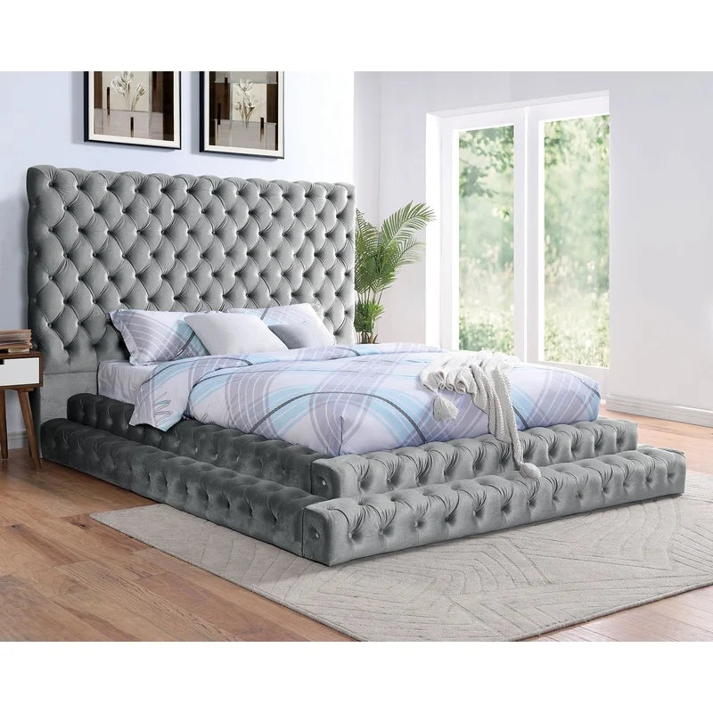 Gray King Size Platform Bed with Tufted Headboard, Modern Upholstered Frame, Contemporary Bedroom Furniture