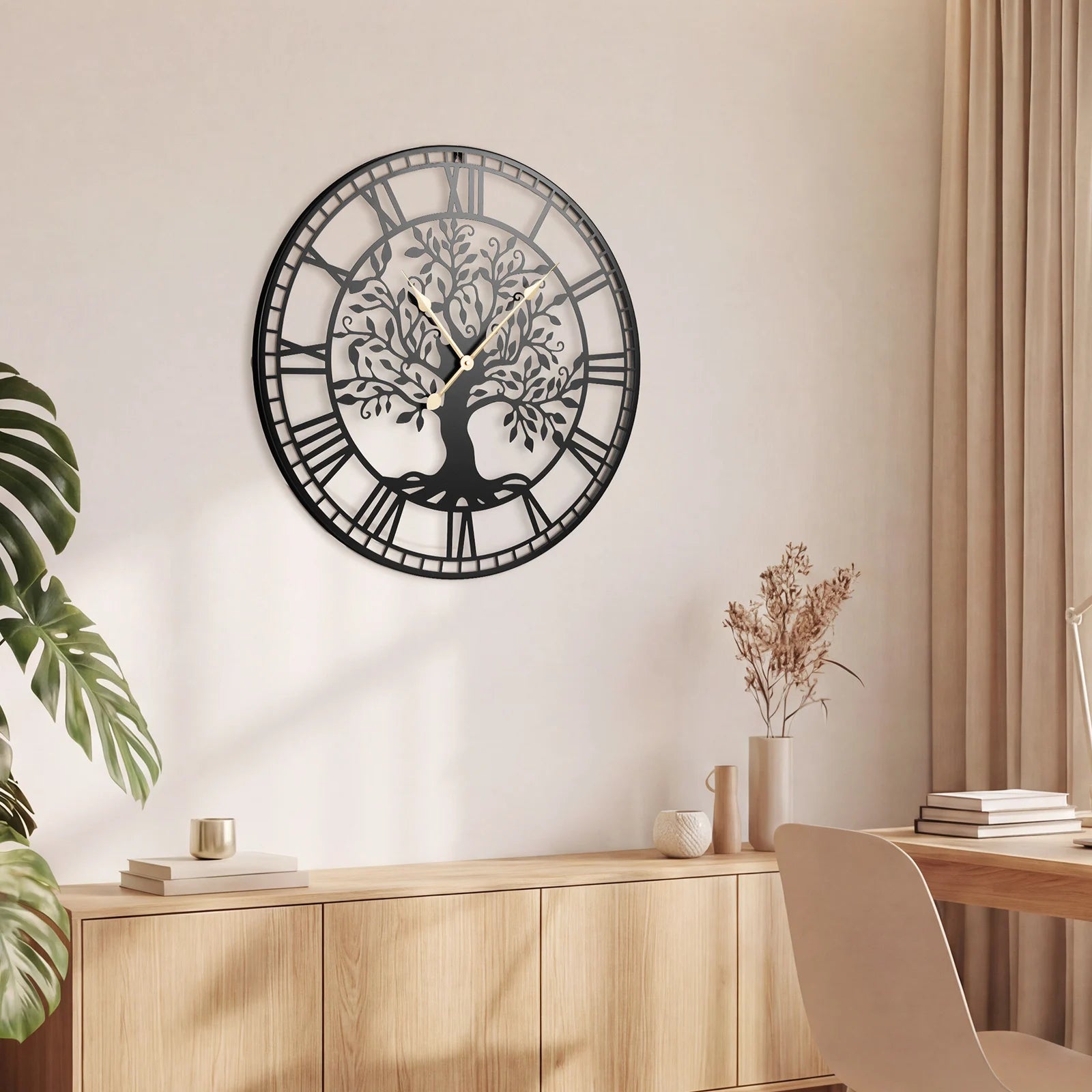 Large Wall Clock, 27” Tree of Life Big Metal Clock, Non-Ticking Decorative Clock