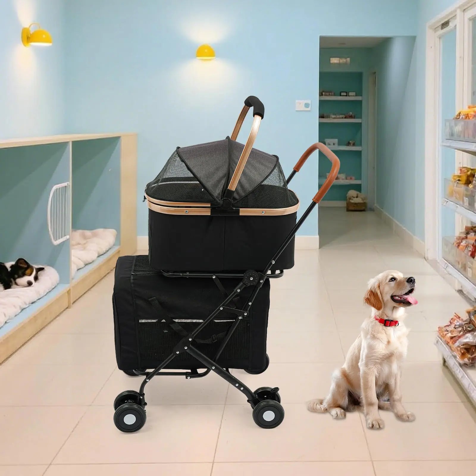 Black Two-Tier Dog and Cat Stroller, Foldable Stroller Dog Buggy Small Dogs, for Small and Medium-Sized Hu