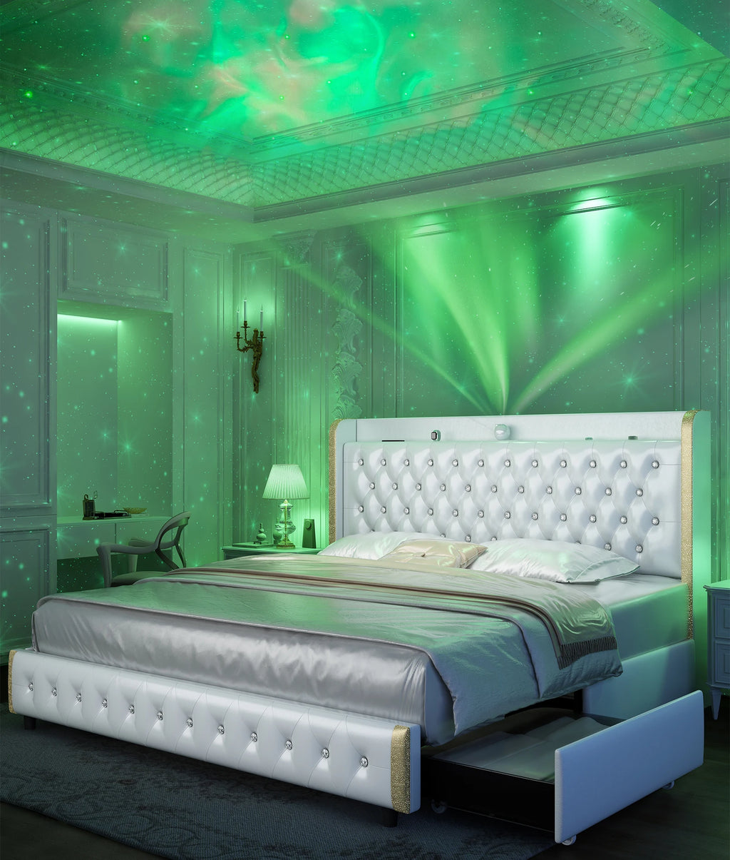 GEGOFORU Queen LED Bed Frame with Galaxy Projector, Bluetooth Speaker, USB Ports, 4 Drawers, No Box Spring Needed, PU Black