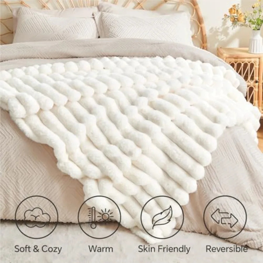 Faux Fur Throw Blanket for Couch, Soft and Cozy Luxurious 3D Striped Fluffy Blanket, 770GSM Thick Warm Plush Fuzzy Faux Rabbit