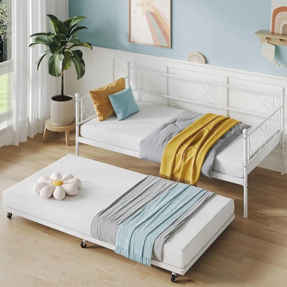 Modern White Twin Daybed with Trundle and Metal Frame, Multifunctional Bedroom Daybed Sofa Bed with Steel Slat Support