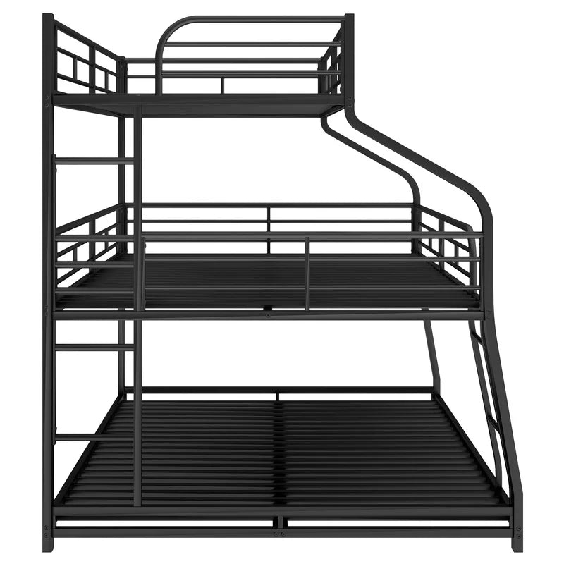 Black Twin XL Full XL Queen Triple Bunk Bed with Long Short Ladder and Full Guardrails