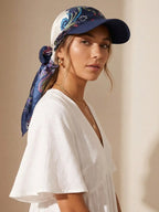 Women Fashion Printed Satin Headscarf Baseball Cap with Brim, Soft Breathable Summer Outdoor Sun Protection Hat Ladies Windproof Head Wrap Sun Hat