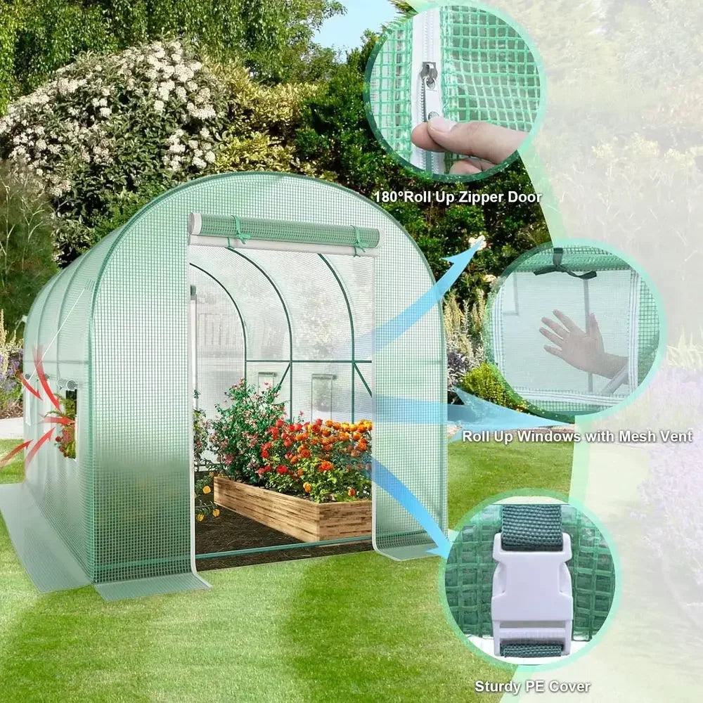 10x7x7 Heavy-Duty Walk-In Greenhouse with Portable Plastic Cover and Watering System