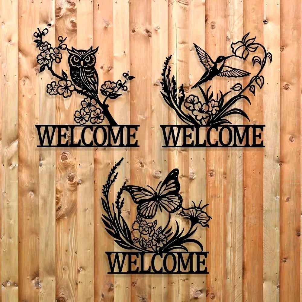 Indoor and Outdoor Minimalist Metal Wall Decorations Owl Butterfly Hummingbird Welcome Signs