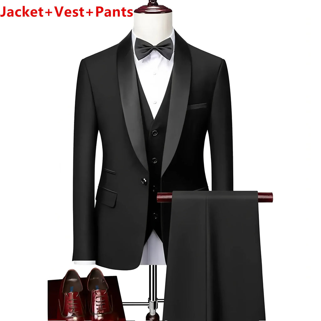 Men Lapel Black Collar 3 Pcs Suit Set Coat Vest Trousers / Business Groom Wedding Dress Fprmal Blazer Pants Waistcoat