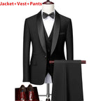 Men Lapel Black Collar 3 Pcs Suit Set Coat Vest Trousers / Business Groom Wedding Dress Fprmal Blazer Pants Waistcoat