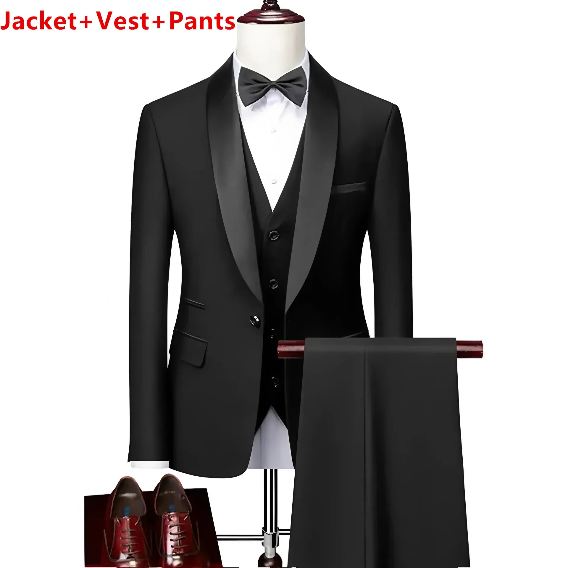 Men Lapel Black Collar 3 Pcs Suit Set Coat Vest Trousers / Business Groom Wedding Dress Fprmal Blazer Pants Waistcoat