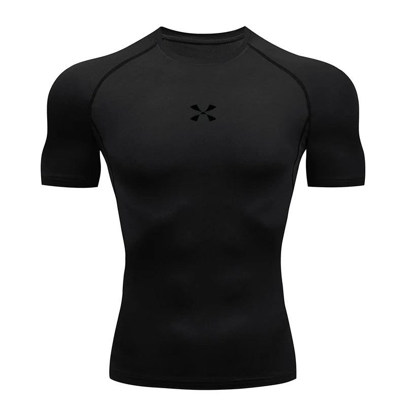 Summer Men Athletic Compression Short Sleeve Running T Shirt Elastic Polyester Quick Dry Gym Workout Fitness Top
