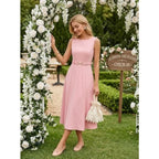 ZESICA Women Summer Sleeveless Midi Dresses 2026 Elegant Boat Neck A Line Tie Waist Spring Cocktail Party Dress