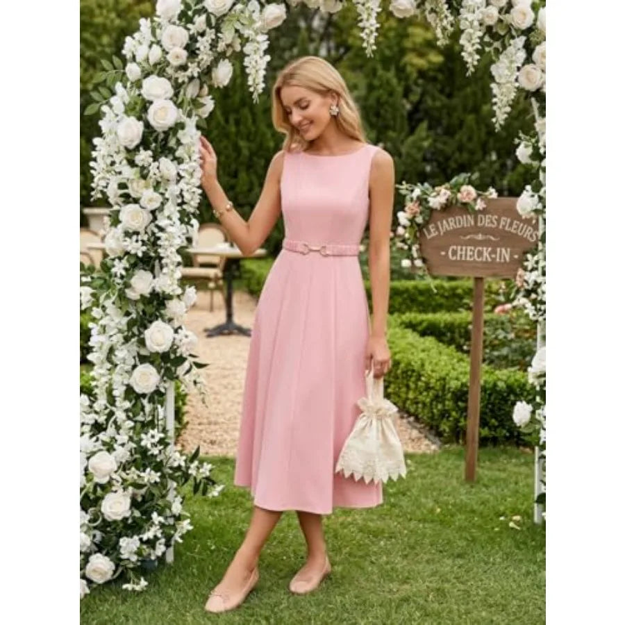 ZESICA Women Summer Sleeveless Midi Dresses 2026 Elegant Boat Neck A Line Tie Waist Spring Cocktail Party Dress