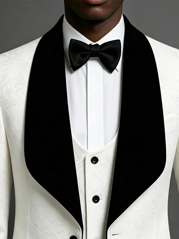Men Light Blue Jacquard Tuxedo 3 Piece Suit Shawl Black Lapel Slim Fit Blazer Vest Pants Set Wedding Groom Prom Dinner Party Formal Mens Suit