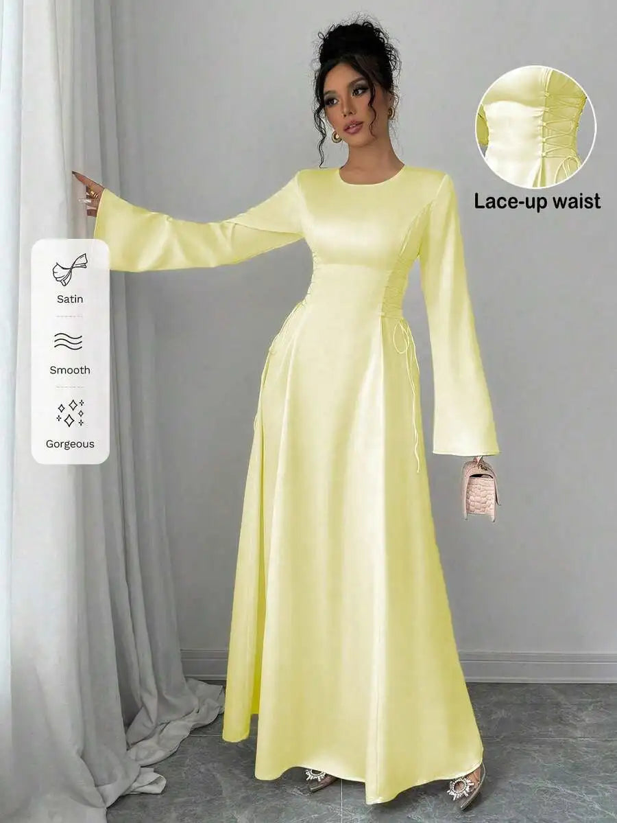 Elegant Ivory A-Line Satin Maxi Dress With Cinched Waist And Flare Sleeves