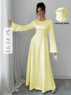 Elegant Ivory A-Line Satin Maxi Dress With Cinched Waist And Flare Sleeves