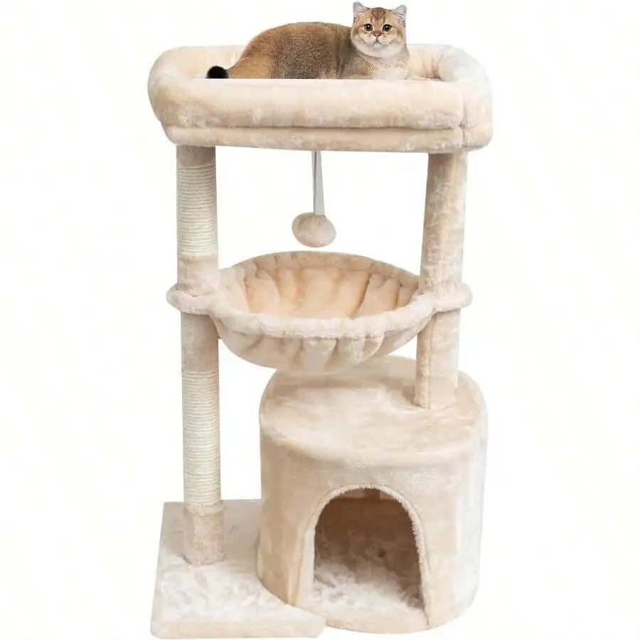 Small Cat Tree For Indoor Cats, Kittens Condo With Scratching Post And Board, Modern Activity Tower With Cradle, Beige