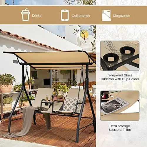 2 Person Porch Swing, Outdoor Swing with Tempered Glass Table, 2 Cup Holder, Patio Swing with Adjustable Canopy for