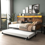 Sturdy Metal Twin Daybed with Trundle, LED & Charging Station, Storage Headboard - Heavy Duty Frame for Living, Bedroom, Guest R