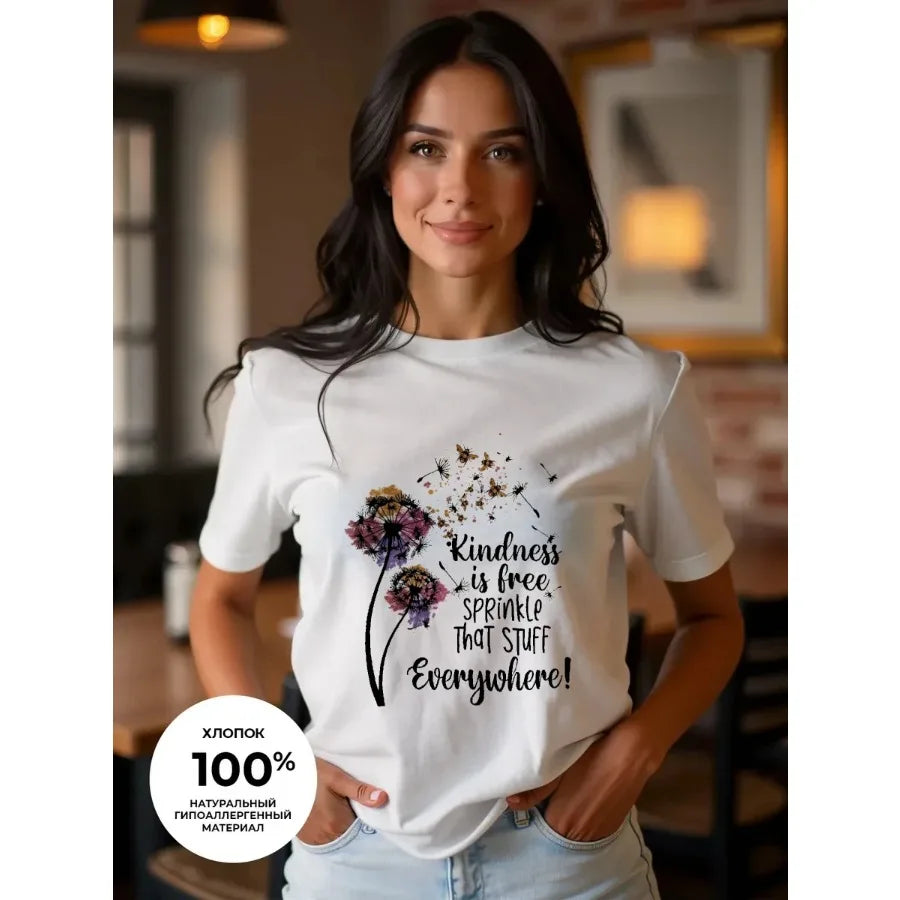 【New Arrival】Dandelion Butterfly Watercolor Print T-Shirt Women's Summer Cotton Casual Top