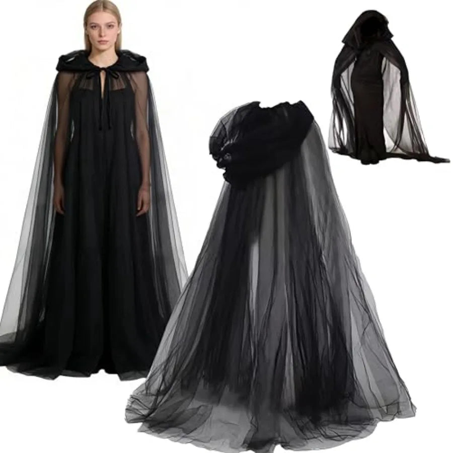 Halloween Medieval Hooded Cloak 3-Layer Chiffon Gothic Witch Cape for Adults and Teens, Unisex Cosplay Costume