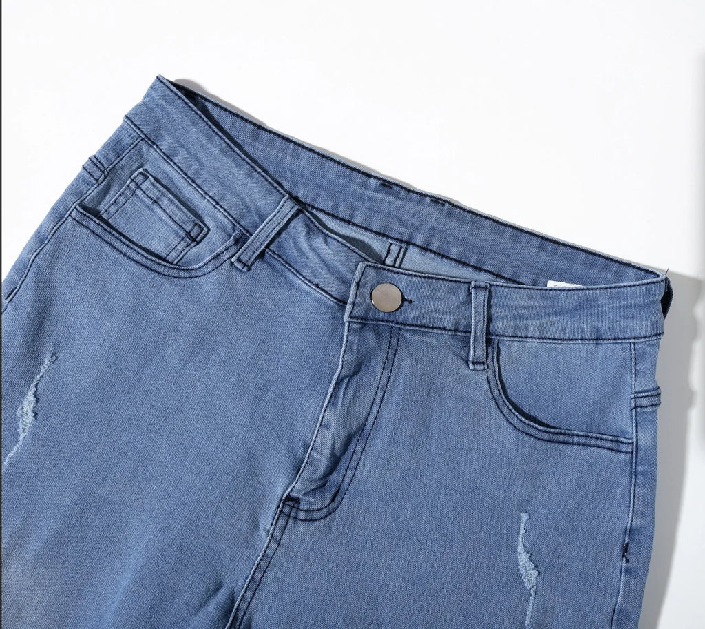 Slim Fit Jeans Men Sky Blue Fine Distressed Hole Design Jeans Versatile Mid Waist All Season Pants Urban Daily Matching Casual Long Trousers