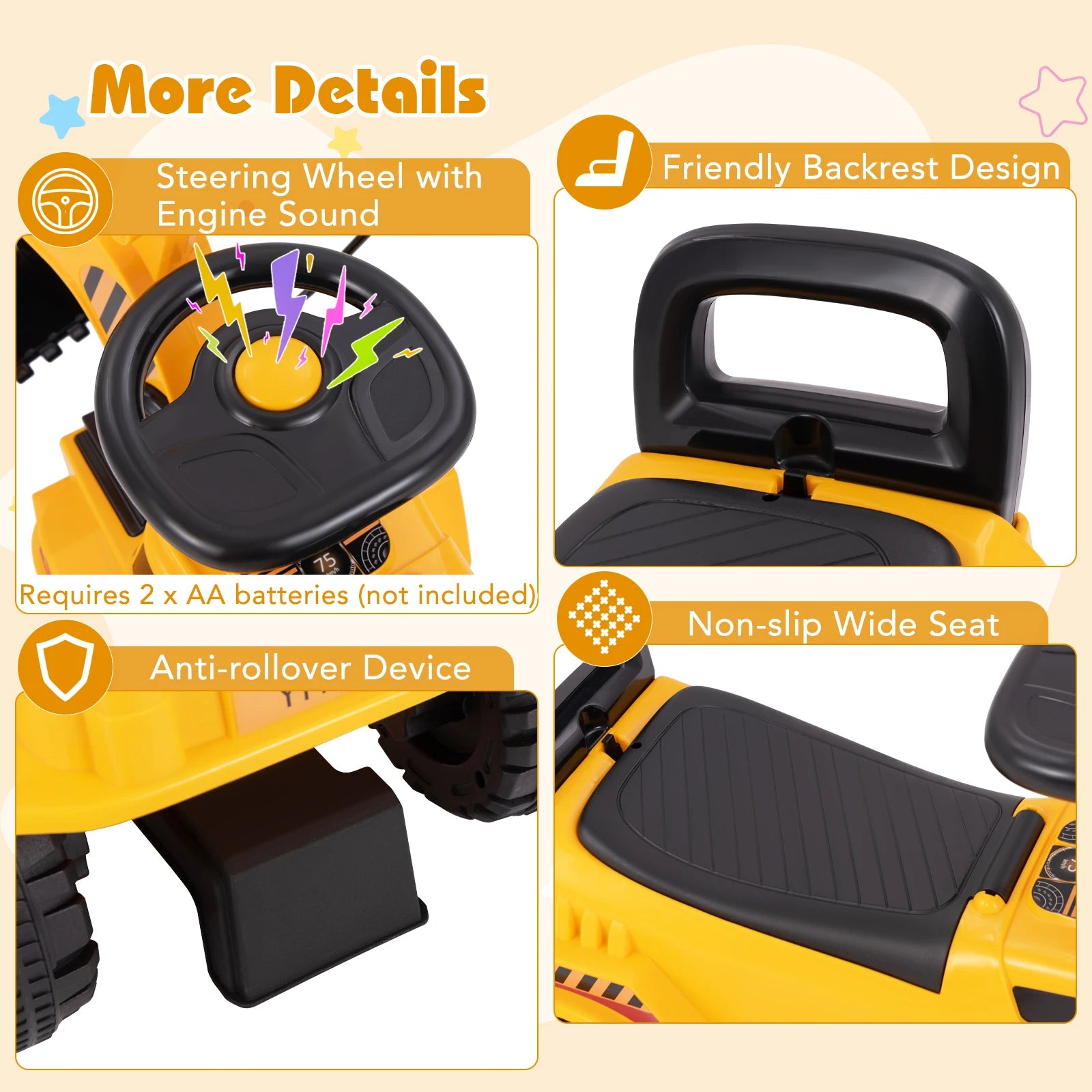 Kids Ride on Excavator with Adjustable Shovel Anti-Tipping Block Engine Sound