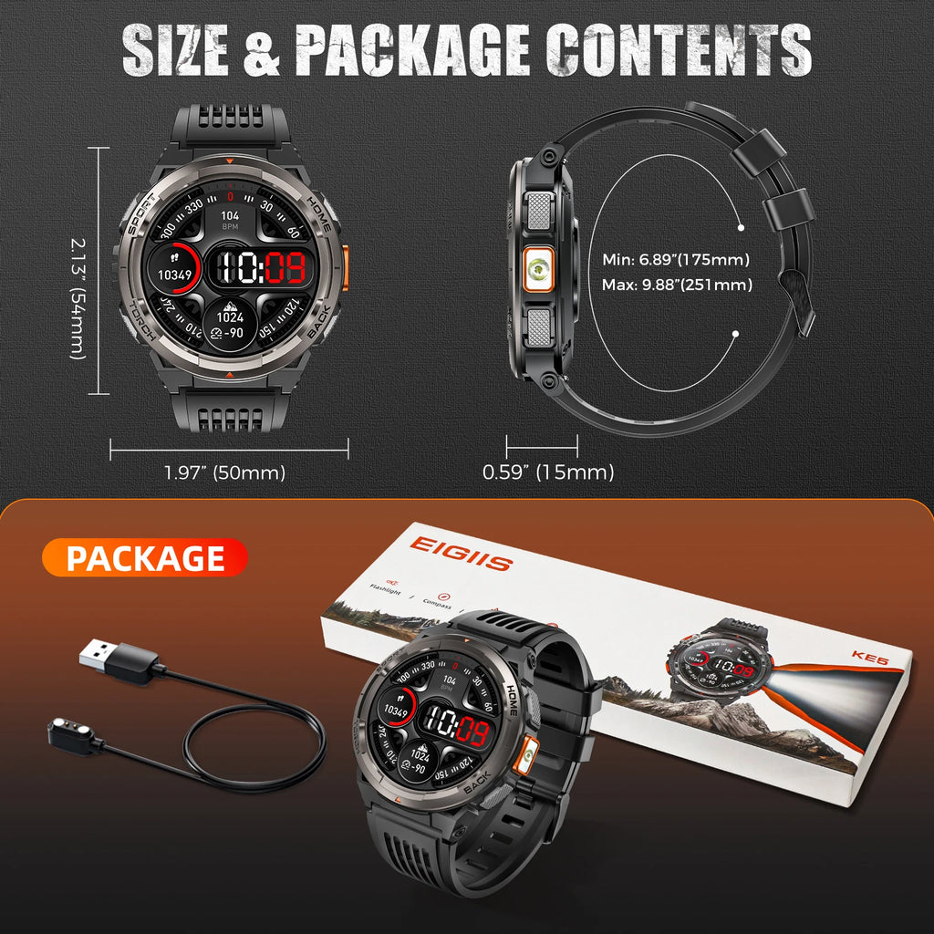 EIGIIS KE5 3ATM Waterproof Smart Watch for Men with LED Flashlight 1.45'' HD Rugged Smartwatch with 530mAh Big Battery