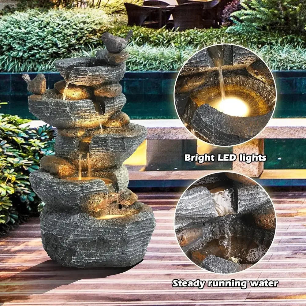 5-Tier Cascading Rock Fountain with 4 LED Lights - Outdoor Waterfall for Garden, Patio, Yard, and Deck Decor